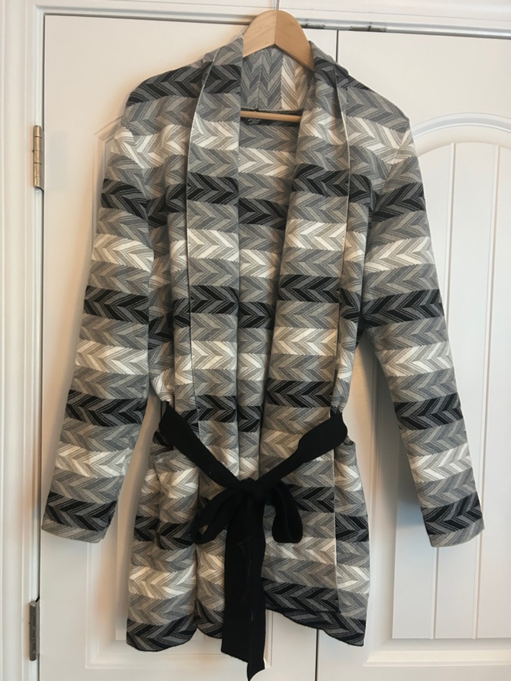 Adrienne Vittadini Chevron Knit Open-Front Cardigan - Black, Gray & Cream